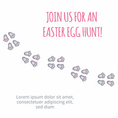 Fototapeta premium Easter bunny foot print direction point for egg hunt invitation. Vector stock illustration isolated on white background. 
