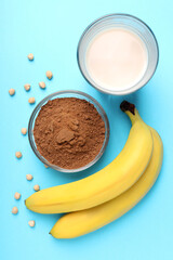 Concept of sports nutrition on blue background