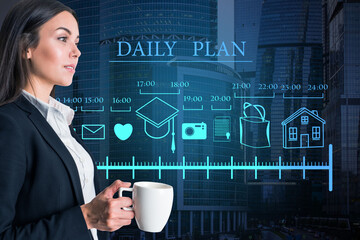 Attractive young european businesswoman with coffee cup and abstract daily planner scale on blurry...