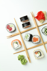 Concept of tasty food with sushi rolls, top view