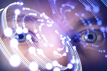 Close up of european male eyes with creative circular light background. Techonolgy, innovation, face id and future concept. Double exposure.