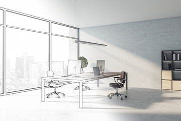 Sketch of modern concrete office with furniture and window with city view, daylight. 3D Rendering.