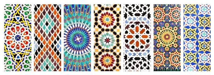 Foto auf Leinwand Eine Reihe vertikaler Banner mit Texturen aus altem marokkanischem Keramikmosaik © frenta