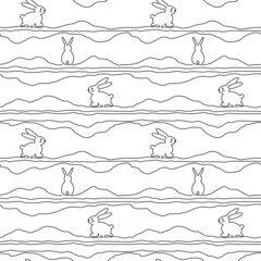 Vector seamless pattern. Outline bunny background. Line art illustration.  rabbit single line. Happy Easter. New Year 2023