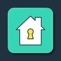 Filled outline House under protection icon isolated on blue background. Home and shield. Protection, safety, security, protect, defense concept. Turquoise square button. Vector
