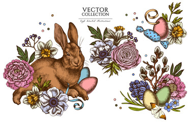 Easter vintage illustrations collection. Hand drawn logo designs with rabbit, eggs, willow branches, candies, great orange-tip, anemone, viburnum, ranunculus, hyacinth, peony, forget me not flower
