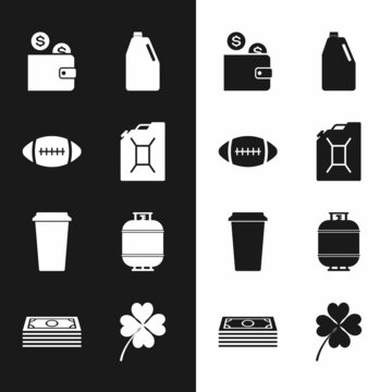 Set Canister for gasoline, American Football ball, Wallet with coin, Household chemicals bottle, Coffee cup and Propane tank icon. Vector