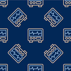 Line Computer monitor with cardiogram icon isolated seamless pattern on blue background. Monitoring icon. ECG monitor with heart beat hand drawn. Vector