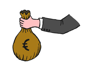 A hand holding a sack full of money. A vector image of a business man holding a bag full of money. Person with a coin.