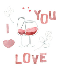 set of illustrations love you - glasses of wine, heart, leaves, lettering