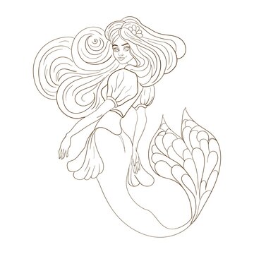 Mermaid. Art line. Vector illustration. Isolated illustration on white background