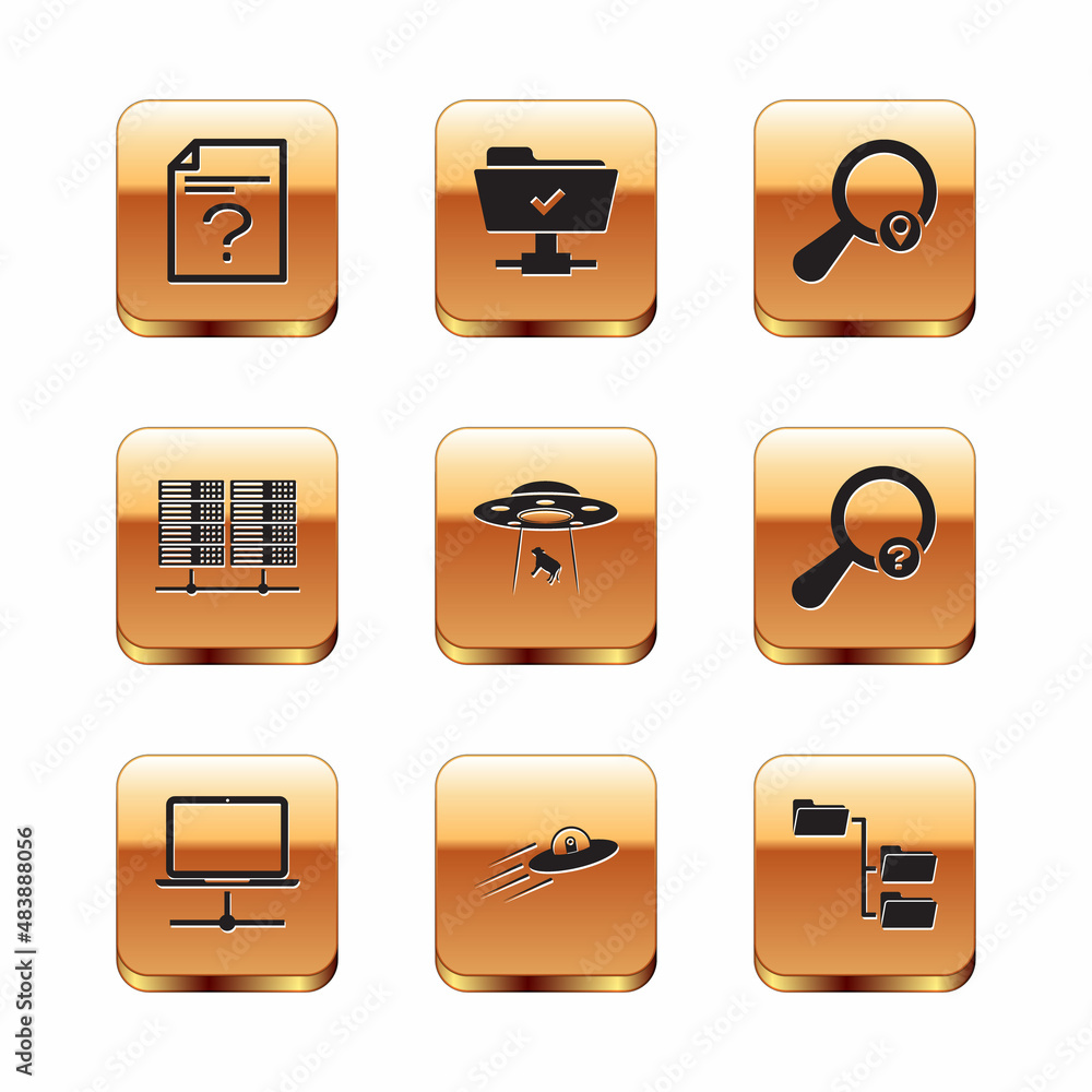 Poster set unknown document, computer network, ufo flying spaceship and alien, abducts cow, server, data, w