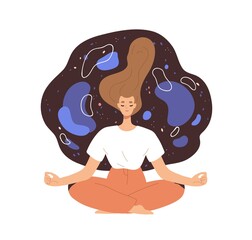 Relaxed woman during deep spiritual meditation. Peaceful person in zen yoga position, meditating. Enlightenment, awareness and harmony concept. Flat vector illustration isolated on white background