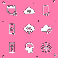 Set Financial calendar, Music streaming service, Flight mode the mobile, , Methane emissions reduction and icon. Vector