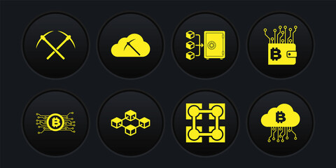 Set Cryptocurrency bitcoin in circuit, wallet, Blockchain technology, , Proof of stake and cloud mining icon. Vector