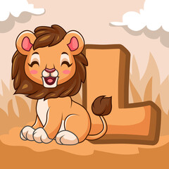 Cartoon cute little lion with letter L smiling isolated on african jungle background