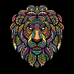 Colorful lion head zentangle art, isolated on black background