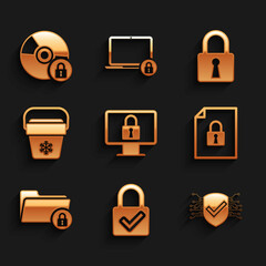 Set Lock on monitor, and check mark, Cyber security, Document lock, Folder and Cooler bag icon. Vector