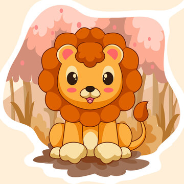 Cartoon cute little lion standing in the middle of the african jungle
