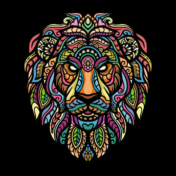 Colorful lion head zentangle art, isolated on black background