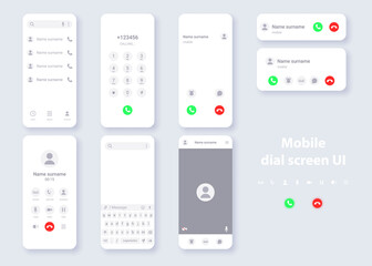 Smartphone user interface light theme concept template. Design of contacts, dialer, call, video call, keyboard for typing messages on phone display.
