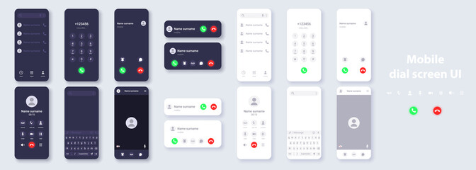 Smartphone user interface dark and light theme concept template. Design of contacts, dialer, call, video call, keyboard for typing messages on phone display. - obrazy, fototapety, plakaty