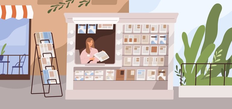 Street newsstand with paper newspapers, latest press. Seller in news stand, kiosk. Woman vendor behind stall in mass media booth with magazines. Newsagent in city. Flat vector illustration