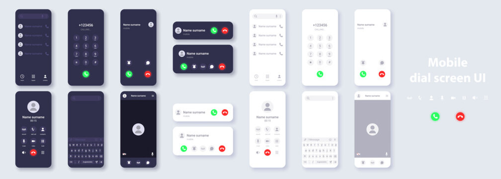 Smartphone user interface dark and light theme concept template. Design of contacts, dialer, call, video call, keyboard for typing messages on phone display.
