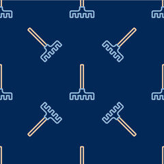 Line Garden rake icon isolated seamless pattern on blue background. Tool for horticulture, agriculture, farming. Ground cultivator. Housekeeping equipment. Vector