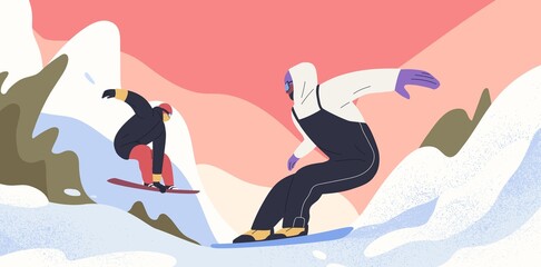People on snowboards riding, sliding at mountain resort. Snowboarders on snow boards on winter holidays. Snowy scene, landscape with men during sports activity in Alps. Flat vector illustration