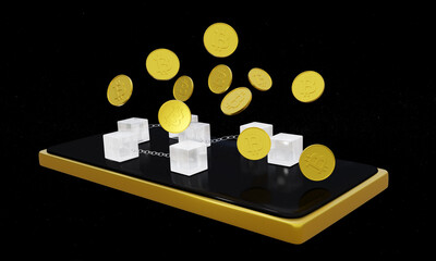 Smartphone mit Blockchain und krypto Münzen. 3D-Rendering