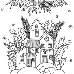 Fototapeta premium Winter Christmas Street Village City with berries, leaves, pine, fir, snow and snowman. Hand drawn coloring page.