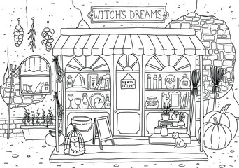 Cute magic shop with pot, potion, owl, broom  and pumpkin. Hand drawn coloring page.