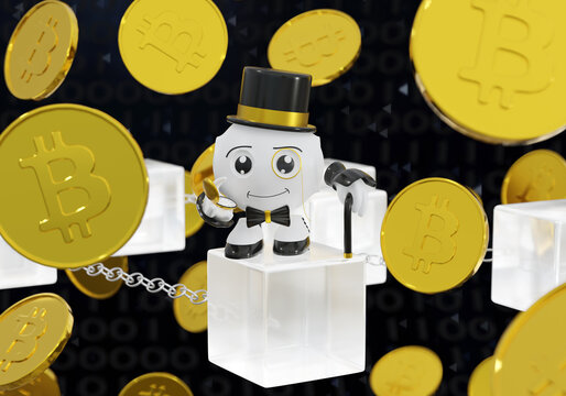Lustige Figur, symbolisch für den reichen Mann, steht auf einer Blockchain und Krypto Münzen fliegen um ihn herum. 3D-Rendering