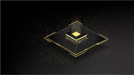 CPU. Futuristic processor on microchips. A quantum computer that processes large amounts of data, a database concept. Isometric banner of the processor, transmission and calculation of network data.