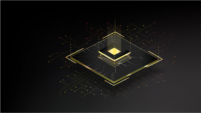 CPU. Futuristic processor on microchips. A quantum computer that processes large amounts of data, a database concept. Isometric banner of the processor, transmission and calculation of network data.