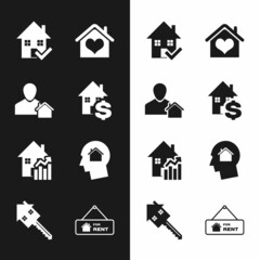 Set House with dollar, Realtor, check mark, heart shape, Rising cost of housing, Man dreaming about buying house, Hanging sign For Rent and key icon. Vector