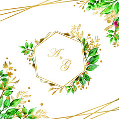 Luxury gold watercolor floral frame wedding template