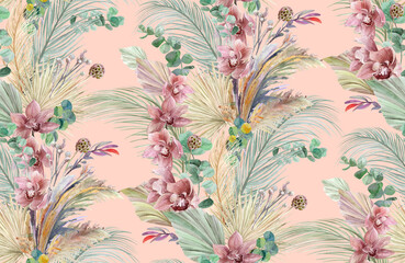 Seamless pattern with orchid flowers and a herbarium of dry palm leaves and pampas grass on a delicate peach background for textile and surface design