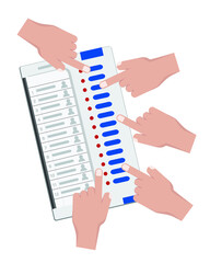 Electronic voting machine, hands casting vote on EVM, election symbol vector illustration