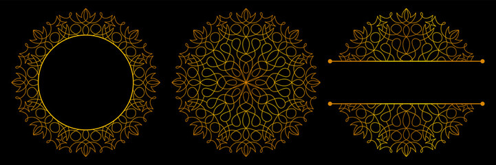 Set of flower mandalas. Split pattern in form of mandala for Henna Mehndi or tattoo decoration. Decorative ornament in ethnic oriental style, vector illustration.