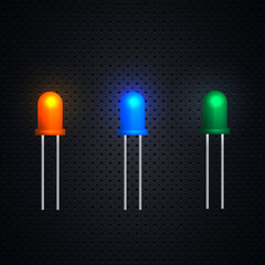 Set of three bright LEDs, vector illustration.
