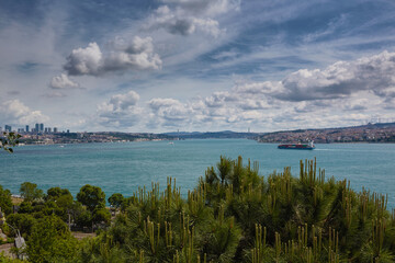 City and sea, Bosphorus sea strait, Istanbul, Turkey. Journey.