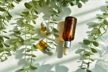 Cosmetic bottle containers packaging with green herbal leaves in shadow and light effect, Blank...