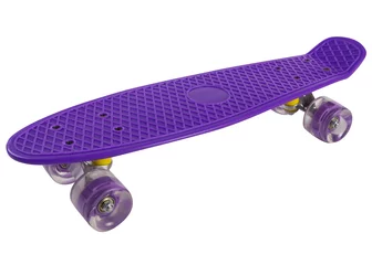 Poster purple skateboard with a plastic deck and silicone wheels, on a white background, diagonal arrangement © aneduard