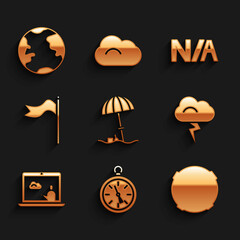 Set Sun protective umbrella for beach, Compass, Moon, Storm, Weather forecast, Meteorology windsock wind vane, Not applicable and Earth globe icon. Vector