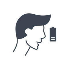 Fatigue related vector glyph icon. The head of man and battery with low charge. Fatigue sign. Isolated on white background. Editable vector illustration
