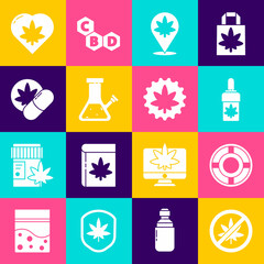 Set Stop marijuana or cannabis leaf, Ashtray, Marijuana olive oil, Location and, Glass bong for smoking, Herbal ecstasy tablets, heart and icon. Vector