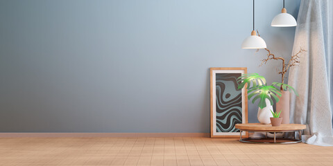 Interior wall mockup in living room. lamp hanging, plants and table on empty wall background.