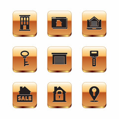 Set House, Hanging sign with Sale, under protection, Garage, key, Online real estate house, Location and icon. Vector